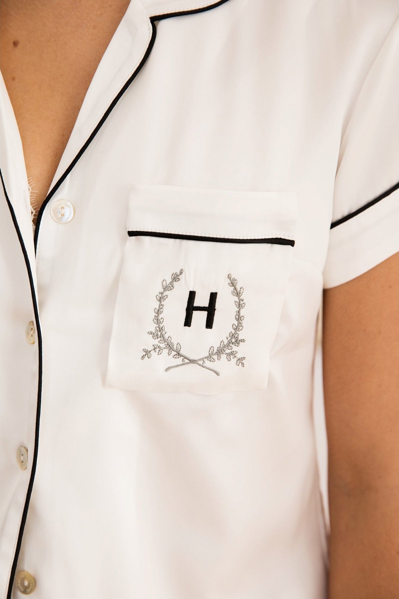 Grace Personalised Satin Short Piping Pyjama Set White With Black Piping | Homebodii