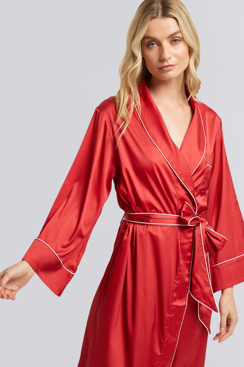 Holly Satin Piping Robe Red With White Piping Homebodii Homebodii AU