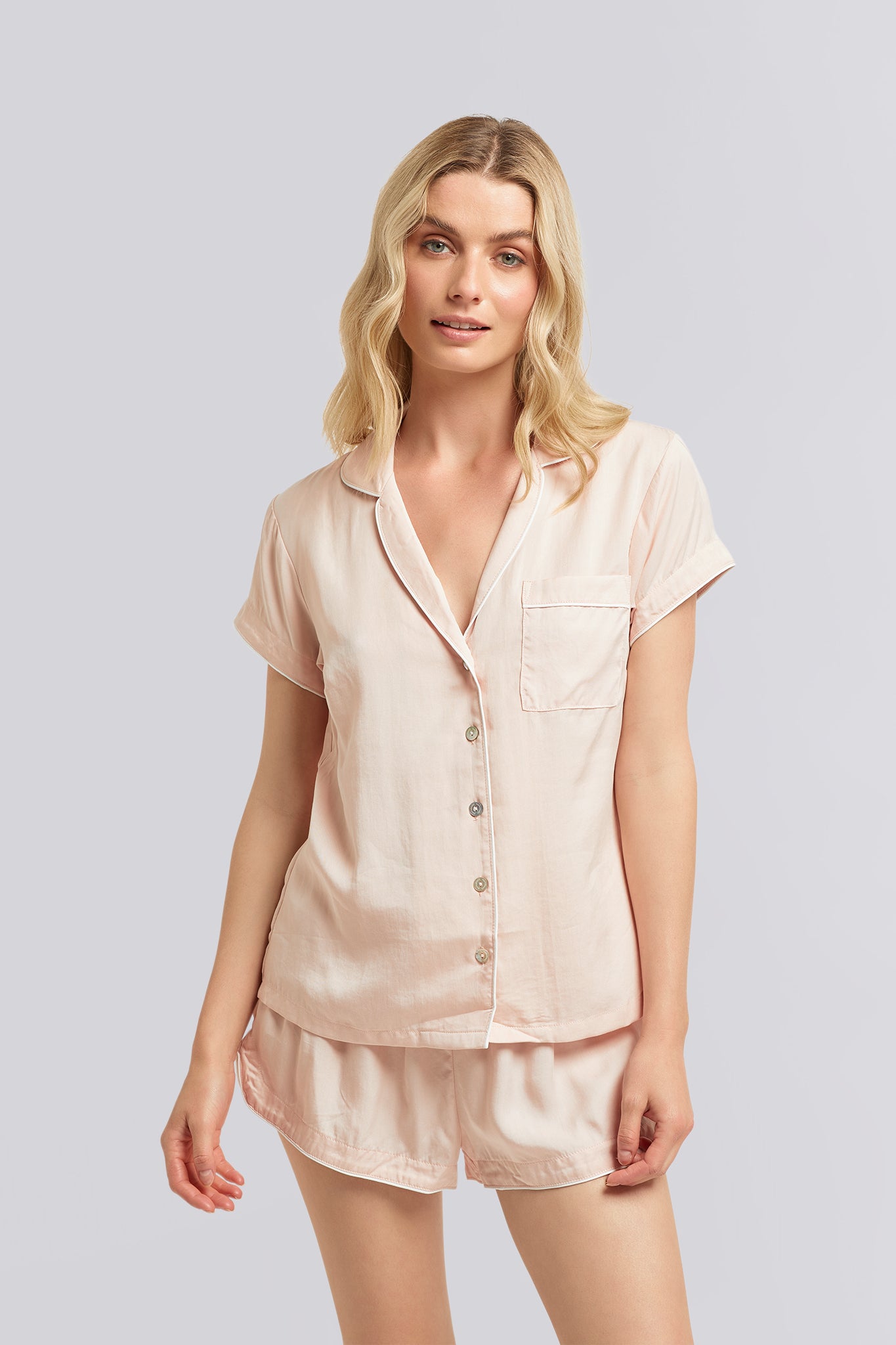 Eva Short Tencel™ Womens Personalised Pyjama Set Blush With White Piping | Homebodii