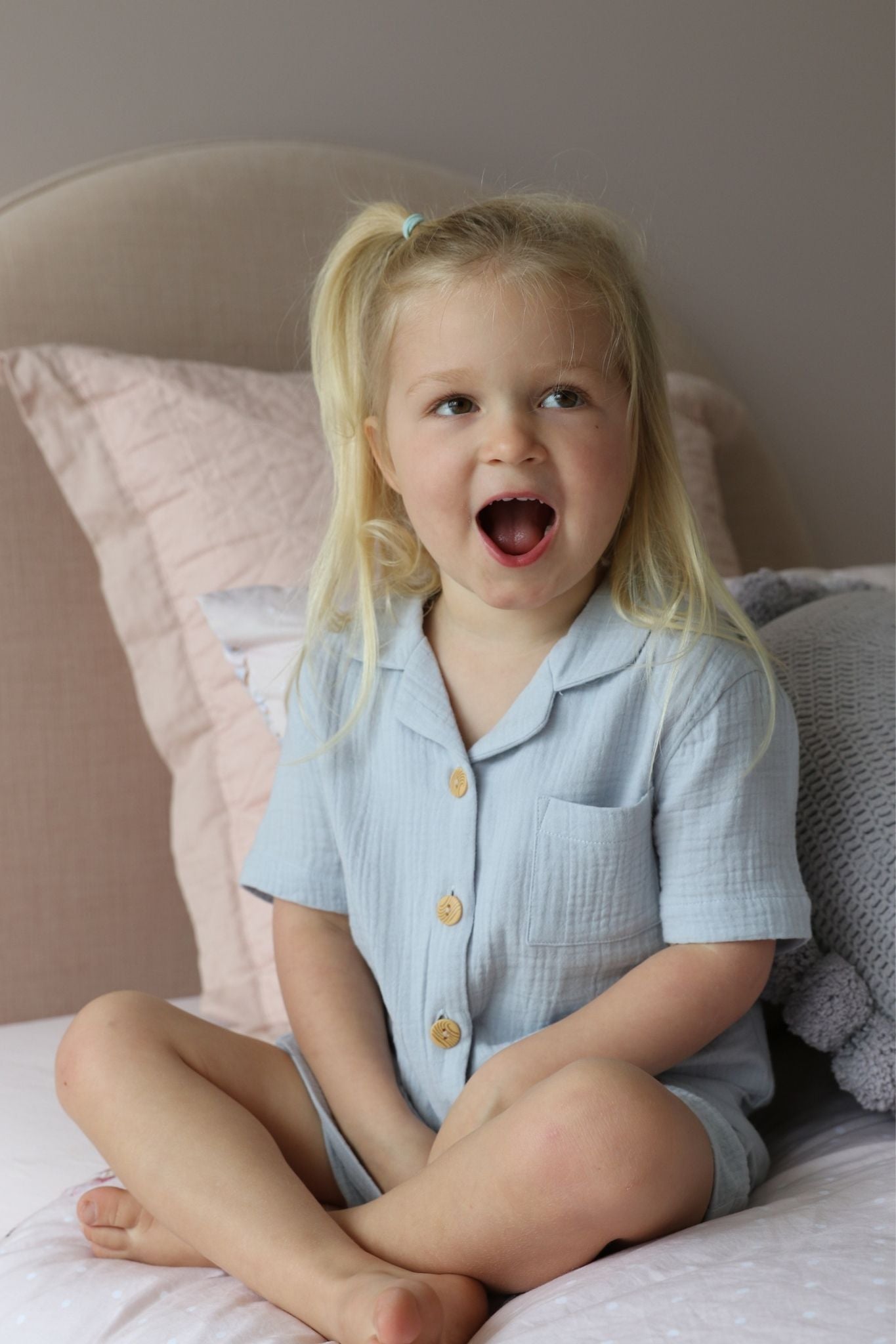 Piper Bubble Cotton Personalised Childrens Short Pyjama Set Eggshell Blue | Homebodii