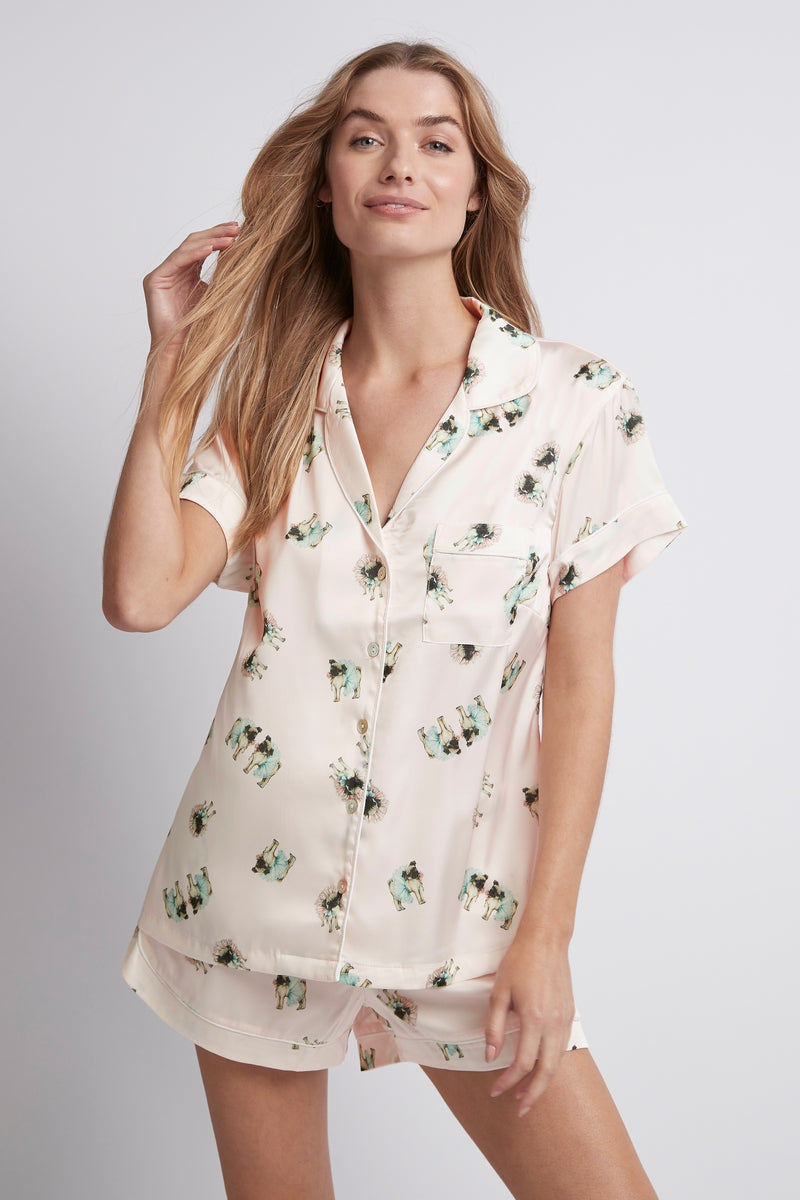 Ruby Womens Personalised Satin Pyjama Set Pug Short Pj Set | Homebodii