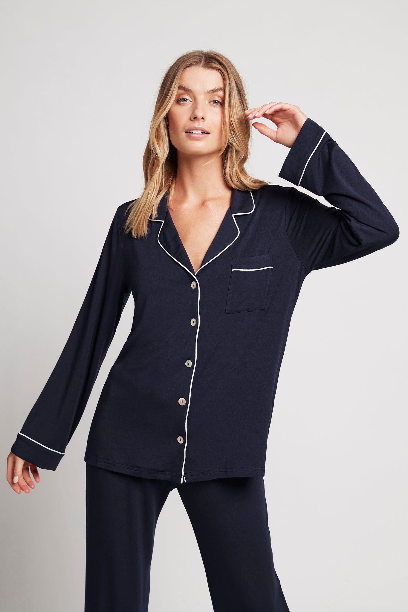 Petra Womens Tencel™ Modal Personalised Pyjama Lounge Set Navy with White Piping | Homebodii