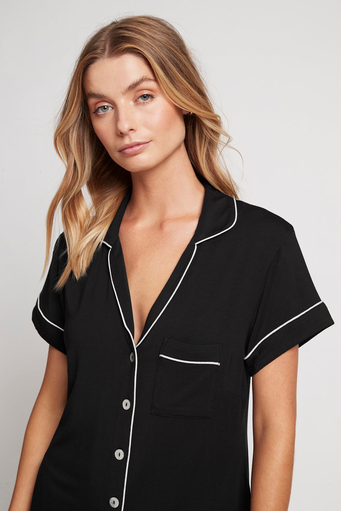 Petra Womens Personalised Short Tencel™ Modal Pyjama Set Black with Blush Piping | Homebodii