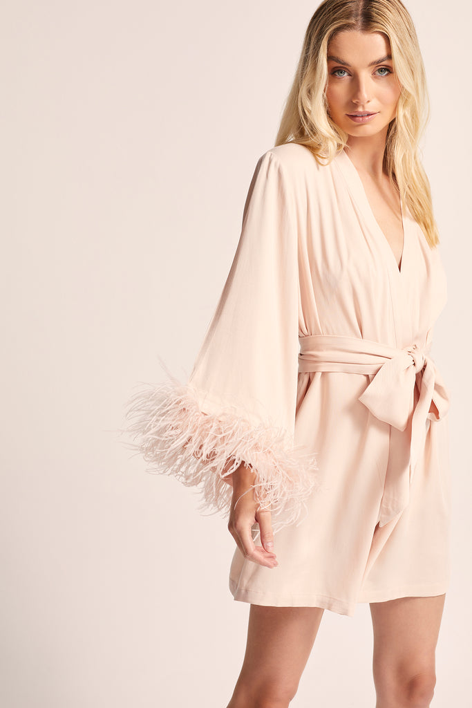 Emilie personalised Tencel Robe with Detachable feather feature  in blush