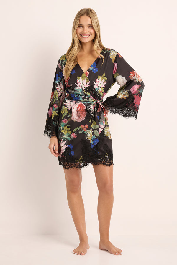 Aurora Kimono Black Rose Print