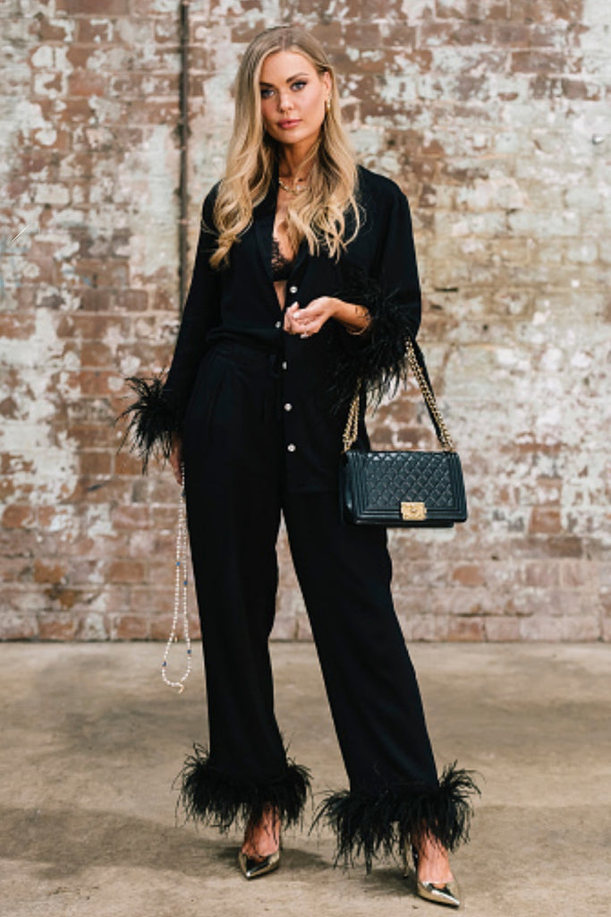 australian fashion week street style Vogue feather trim pj set  homebodii