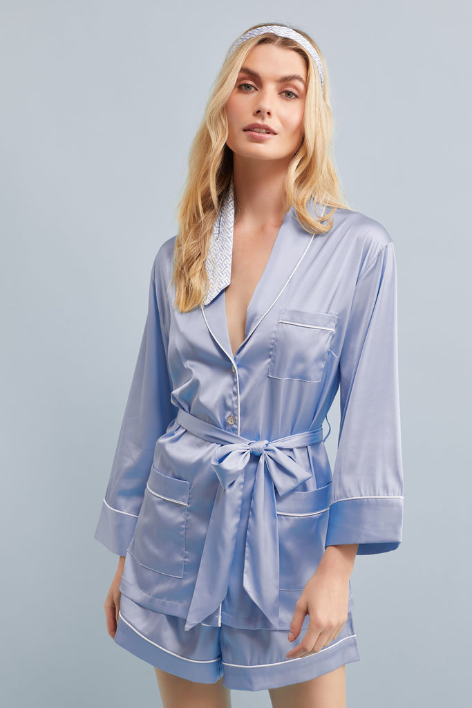 Halston X Homebodii Patricia Long Sleeve Luxury Satin Pyjama Set  Eggshell Blue | Homebodii