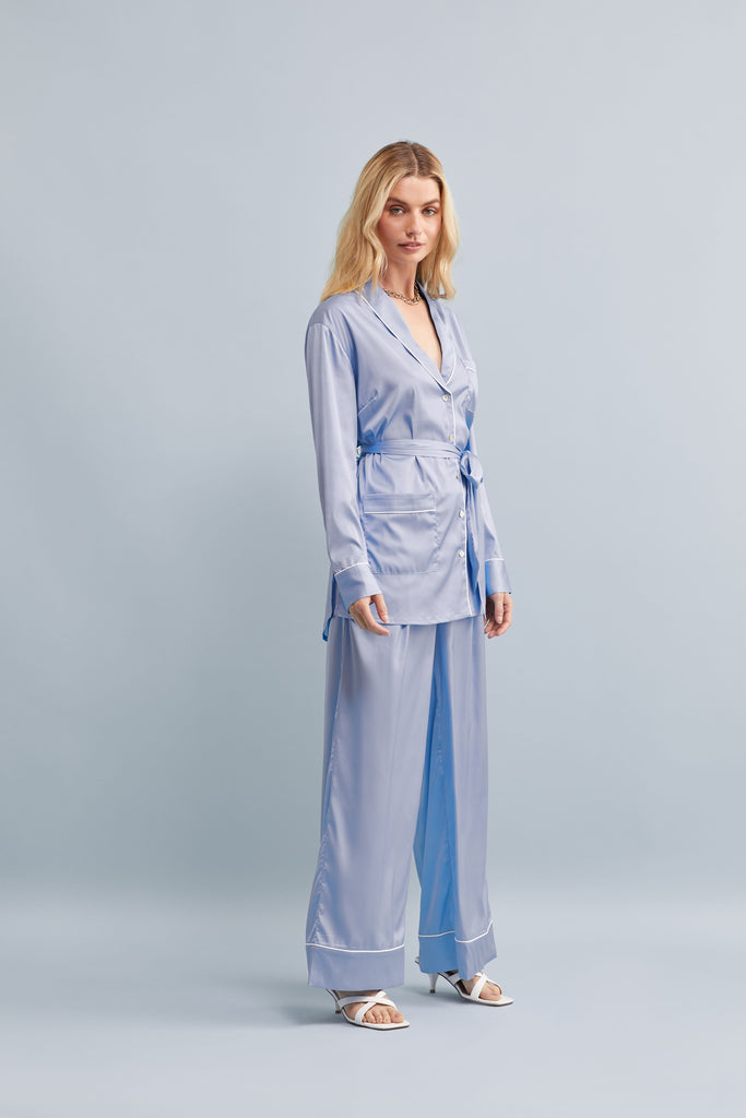 Halston X Homebodii Cleveland Luxury Satin Lounge Pyjama Set  Eggshell Blue | Homebodii