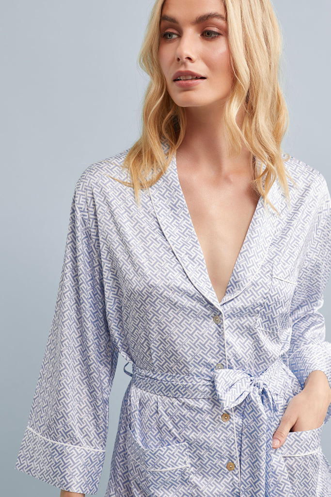 Halston X Homebodii Patricia Long Sleeve Pyjama Set In Luxury Satin Hh Print  Eggshell Blue | Homebodii