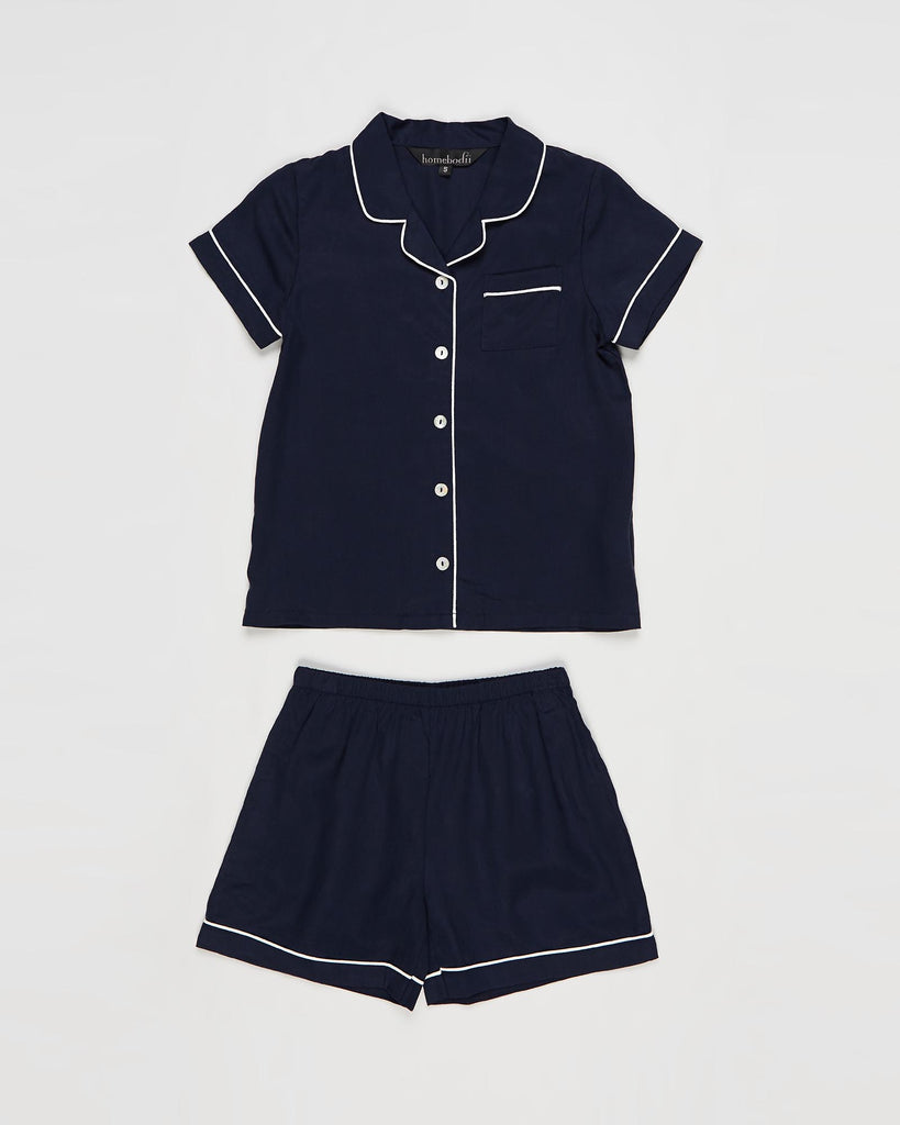 Eva Kids Short Tencel™ Personalised Pyjama Set  Navy With White Piping | Homebodii