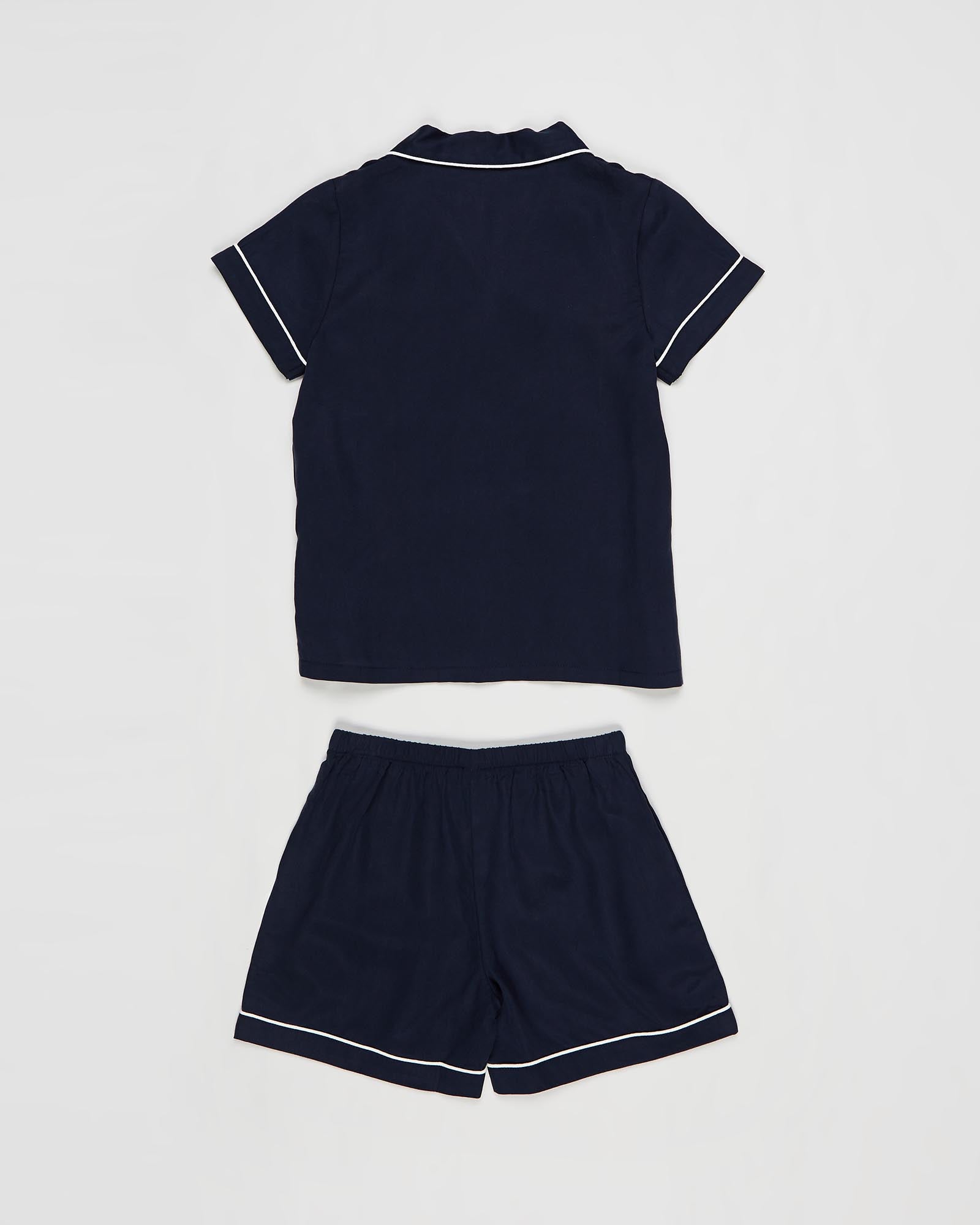 Eva Kids Short Tencel™ Personalised Pyjama Set  Navy With White Piping | Homebodii
