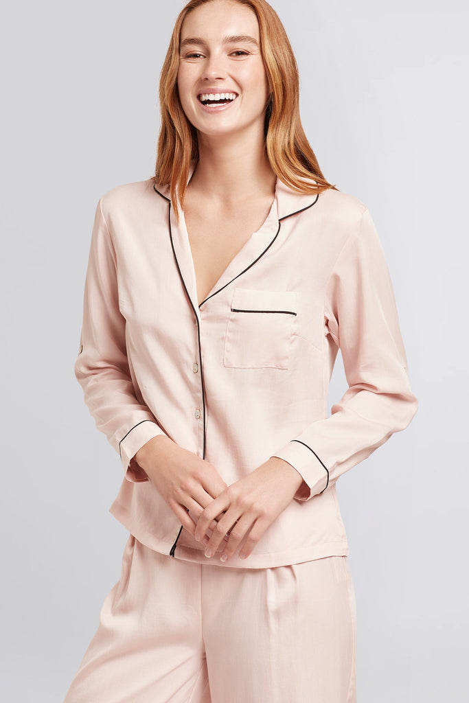 Eva Long Tencel™  Womens Personalised Pyjama Set  Blush With Black Piping | Homebodii