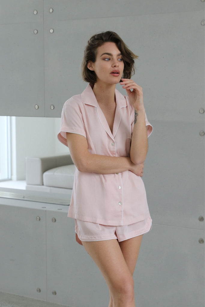 Eva Short Tencel™ Womens Personalised Pyjama Set  Blush With White Piping | Homebodii