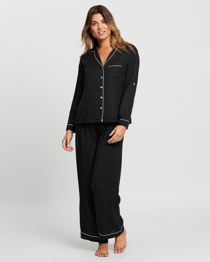 Eva Long Tencel™  Womens Personalised Pyjama Set  Black With Blush Piping | Homebodii
