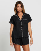 Eva Short Tencel™  Womens Personalised Pyjama Set  Black With Blush Piping | Homebodii