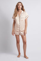 Grace Short Satin Personalised Pyjama set withBlush With Black Piping | Homebodii