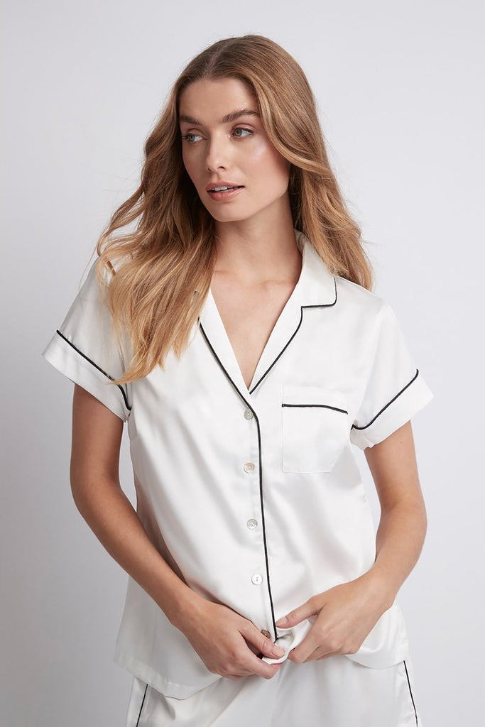 Grace Personalised Satin Short Piping Pyjama Set  White With Black Piping | Homebodii