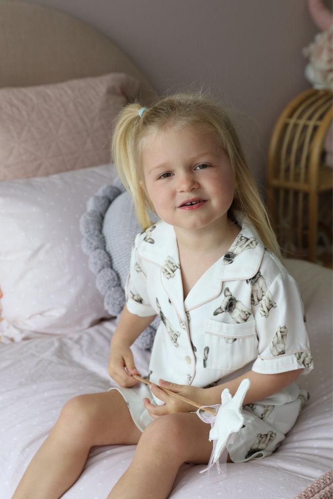 Jerry The Frenchie Tencel Personalised Kids Pyjama Set  Blush Piping | Homebodii