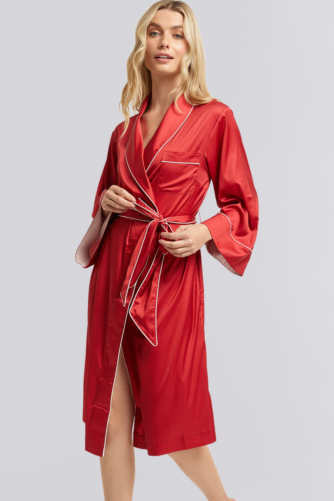 Holly Satin Piping Robe  Red With White Piping | Homebodii