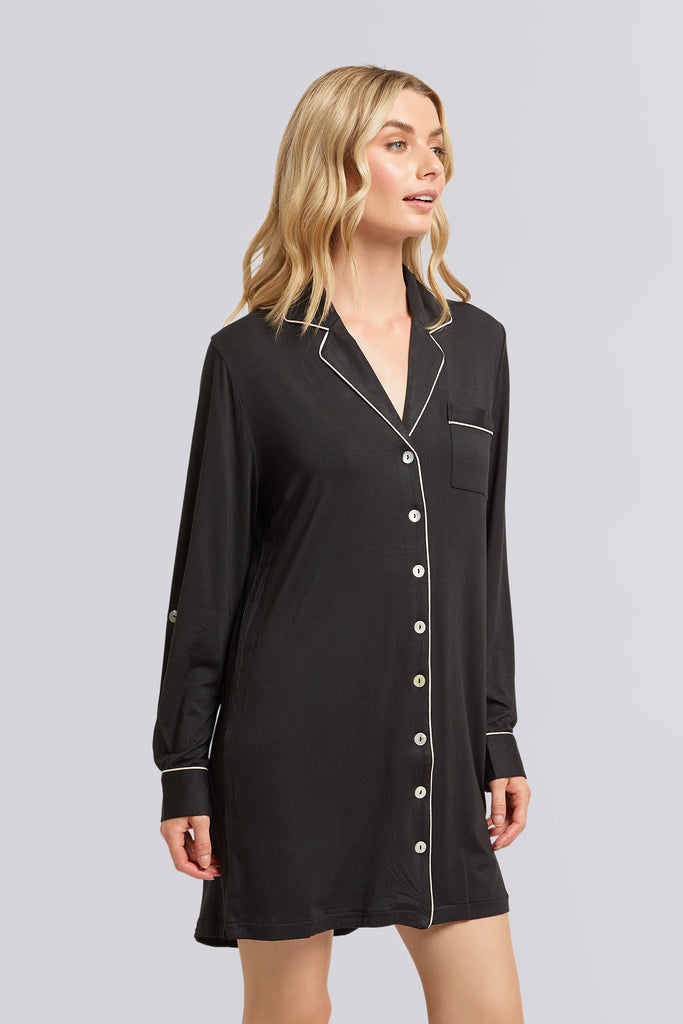 Petra Womens Tencel™ Modal  Personalised Women's Sleep Shirt Black with Blush Piping | Homebodii