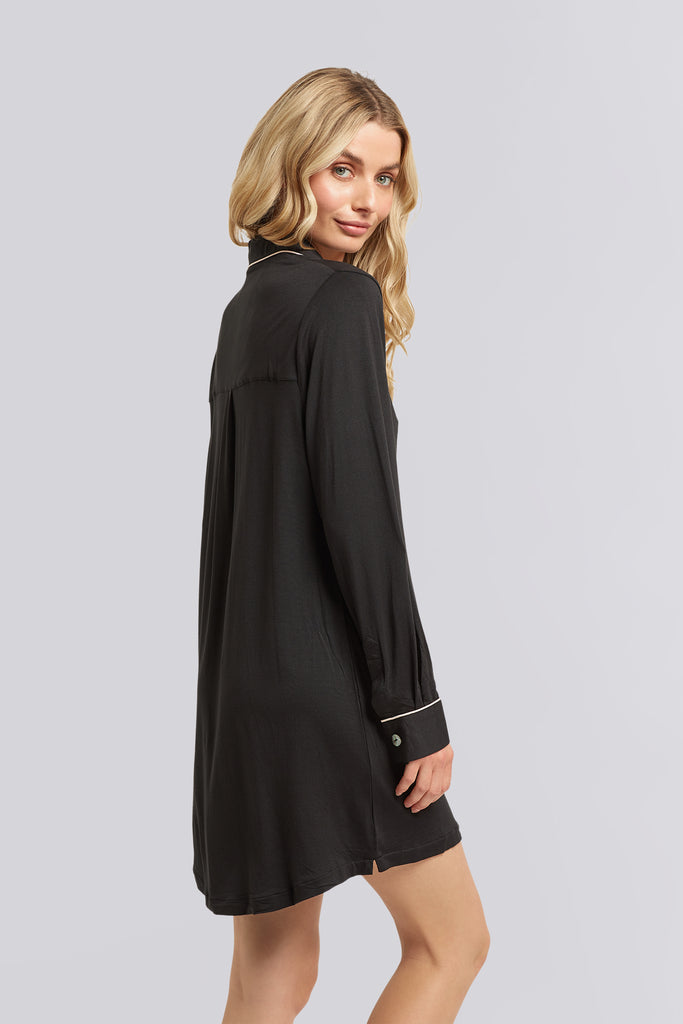 Petra Womens Tencel™ Modal  Personalised Women's Sleep Shirt Black with Blush Piping | Homebodii