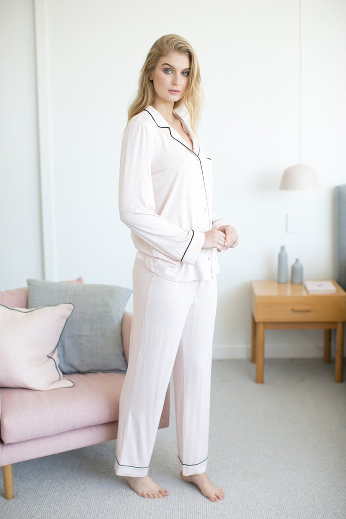 Petra Womens Tencel™ Modal Personalised Long Pyjama Set Blush with Black piping | Homebodii