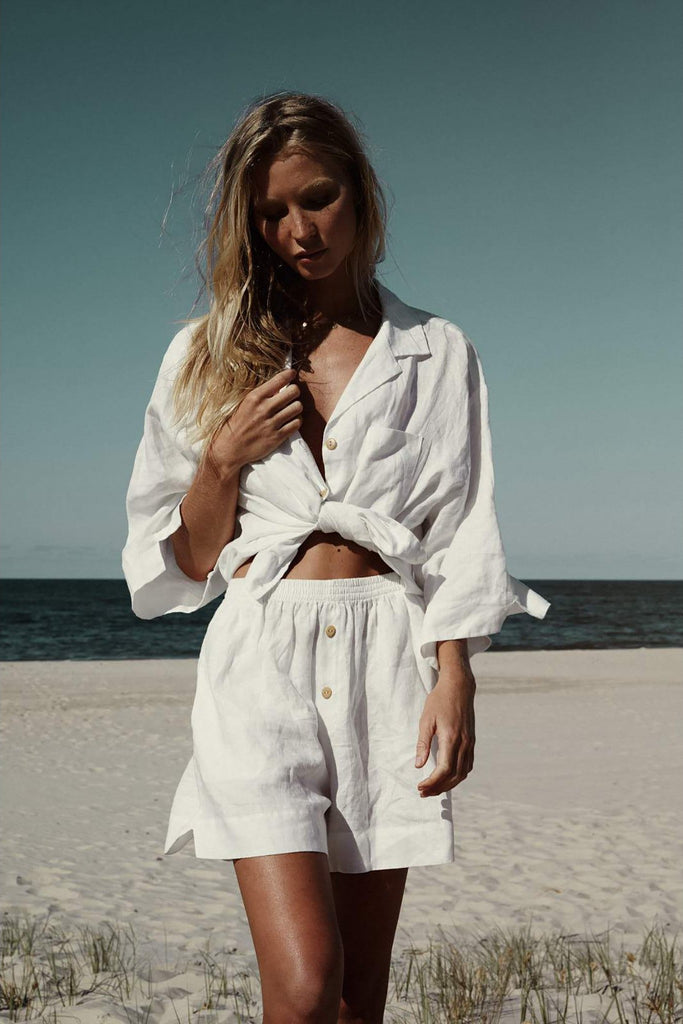 Riviera Personalised Linen Pyjama SetWhite | Homebodii