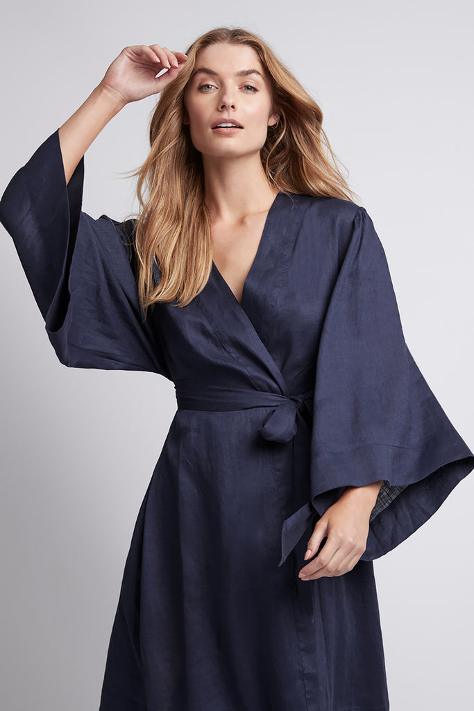 Rebecca Linen Personalised Robe Navy | Homebodii