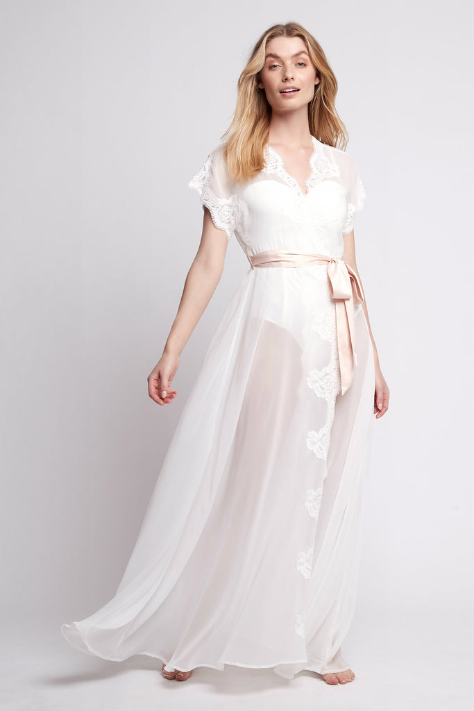 Farrah Long Lace Chiffon Bridal Robe | Homebodii