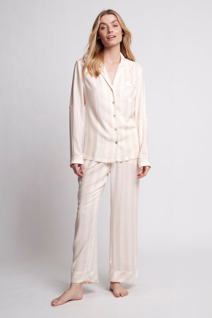 Ardelia Flannel Cosy Lounge Pyjama Set  Blush Stripe | Homebodii