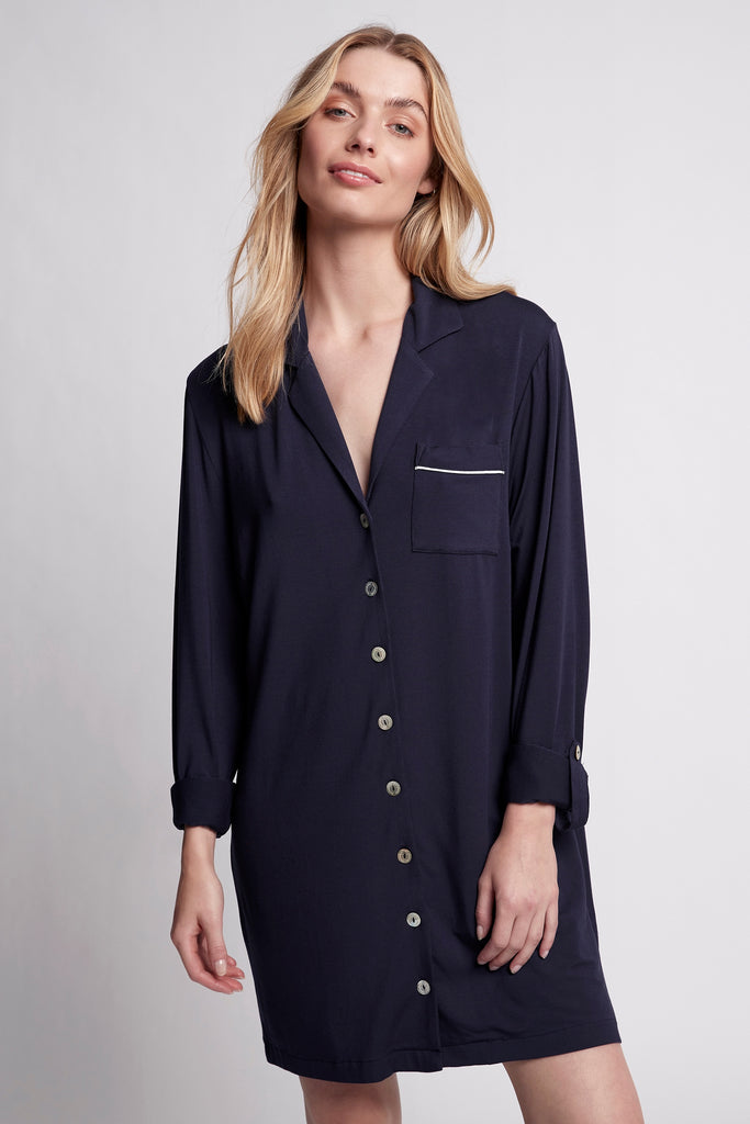 Petra Womens Tencel™ Modal  Personalised Sleep Shirt  Navy With White Piping | Homebodii