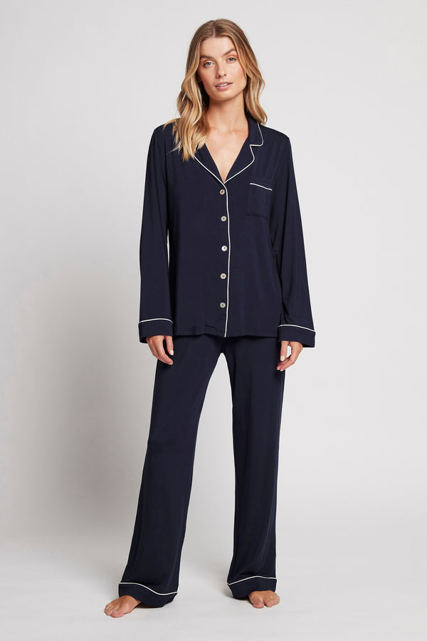 Petra Womens Tencel™ Modal  Personalised Pyjama Lounge Set Navy with White Piping | Homebodii