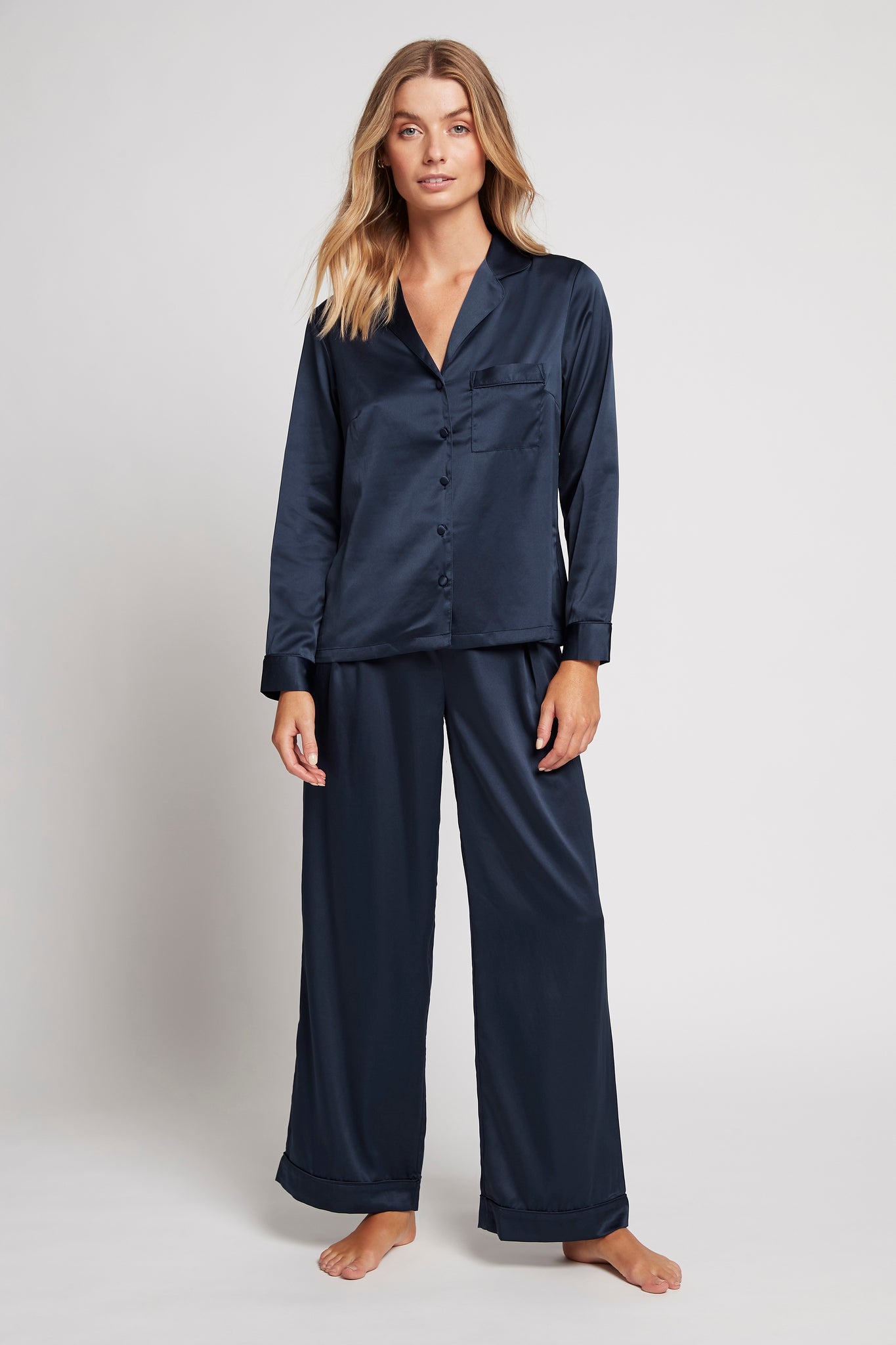Toni Womens Personalised Satin Satin Pyjama Lounge Set  Navy | Homebodii