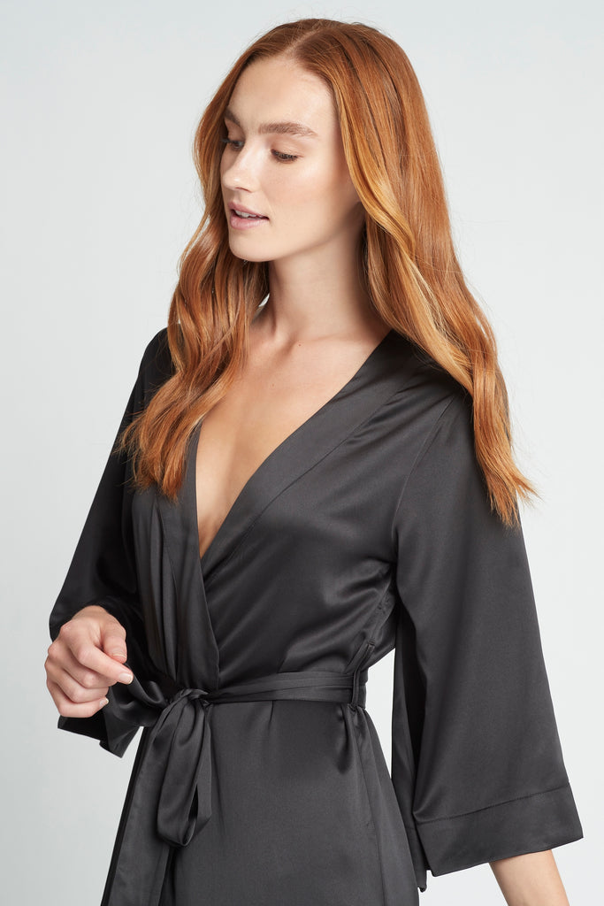 Jasmine Womens Luxury Satin Personalised Long Robe  Black | Homebodii