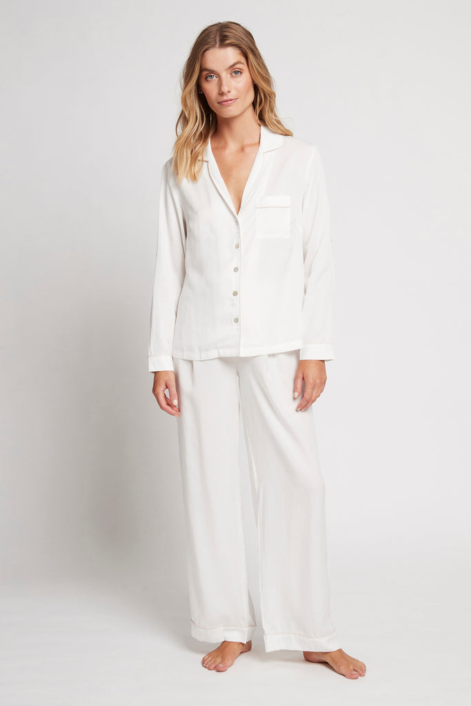 Eva Long Tencel™ Womens Pyjama Set  White With Blush Piping | Homebodii