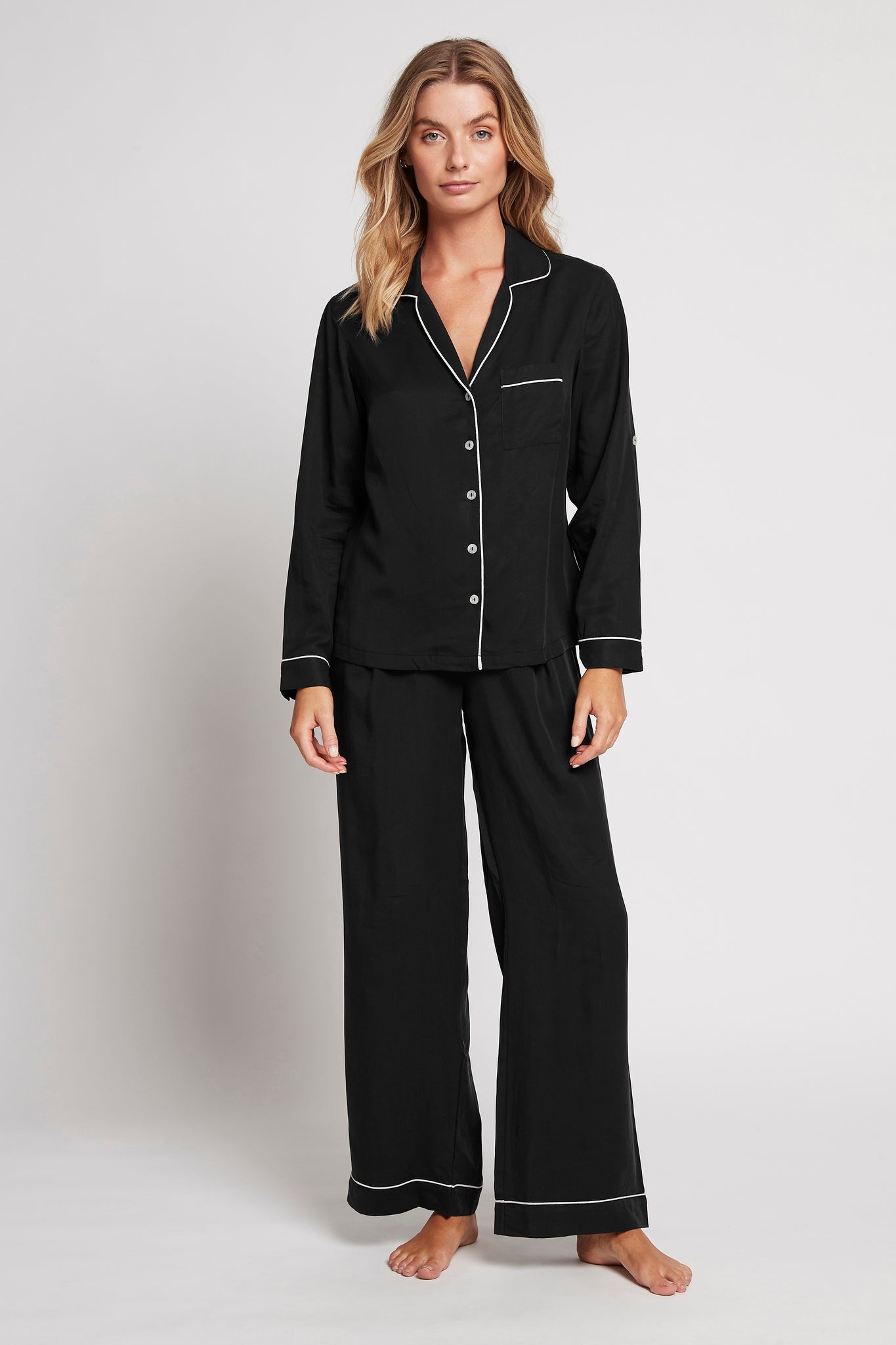Eva Long Tencel™  Womens Personalised Pyjama Set  Black With Blush Piping | Homebodii