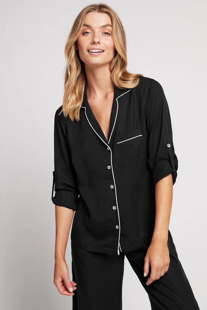 Eva Long Tencel™  Womens Personalised Pyjama Set  Black With Blush Piping | Homebodii
