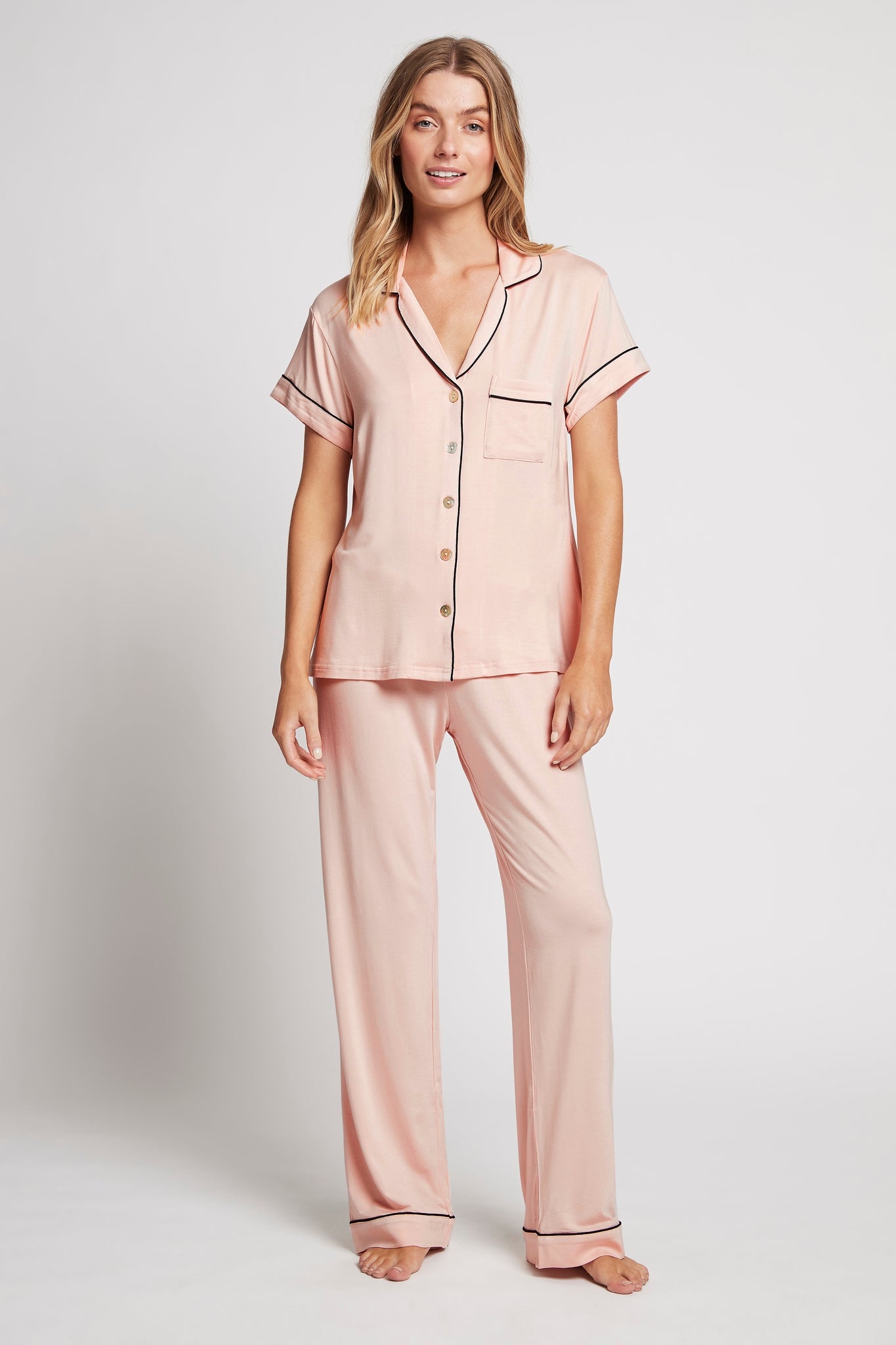 Petra Womens Tencel™ Modal Personalised Short Sleeve With Long Pant Pyjama Set  Blush With Black Piping | Homebodii