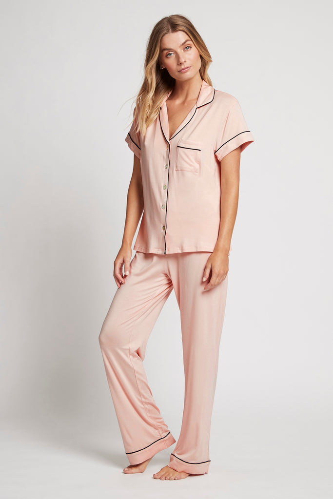 Petra Womens Tencel™ Modal Personalised Short Sleeve With Long Pant Pyjama Set  Blush With Black Piping | Homebodii