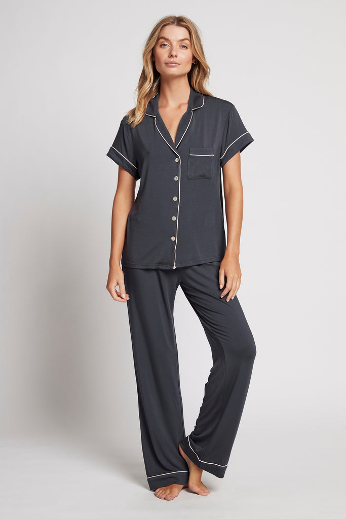 Petra Womens Tencel™ Modal Personalised Short Sleeve With Long Pant Pyjama Set  Charcoal With Blush Piping | Homebodii