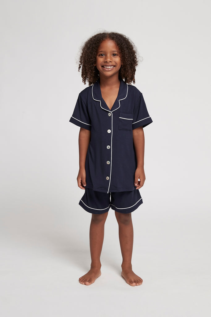 Petra Modal Kids Pyjama Set Navy with White Piping | Homebodii