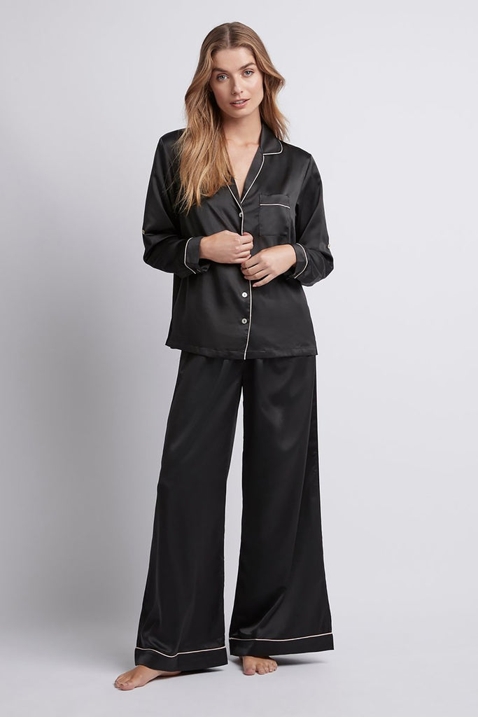 Sabrina Womens Personalised Satin Long Pyjama Set  Black With Blush Piping | Homebodii