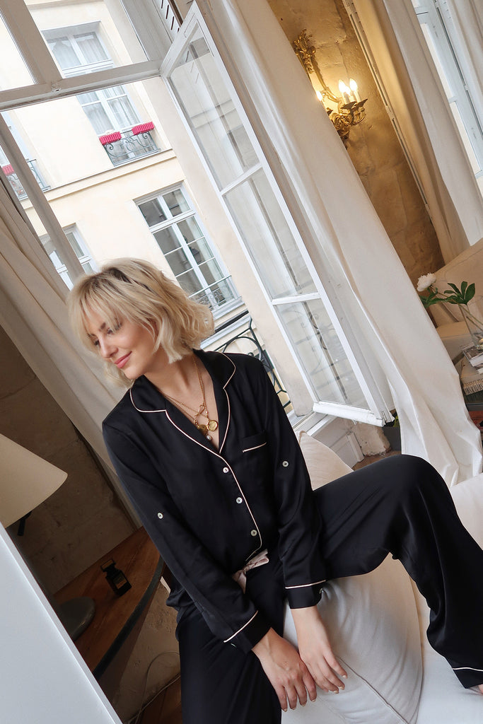 Sabrina Womens Personalised Satin Long Pyjama Set  Black With Blush Piping | Homebodii
