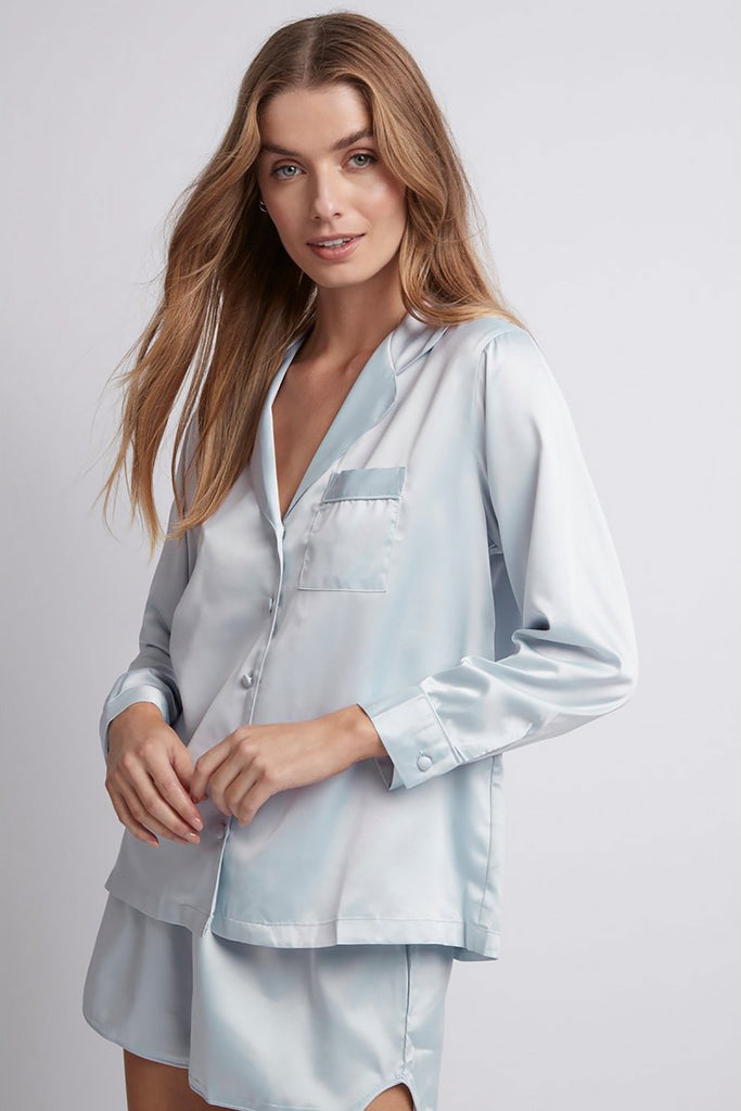 Toni Long Sleeve Satin Personalised Womens Pyjamas  Eggshell Blue | Homebodii