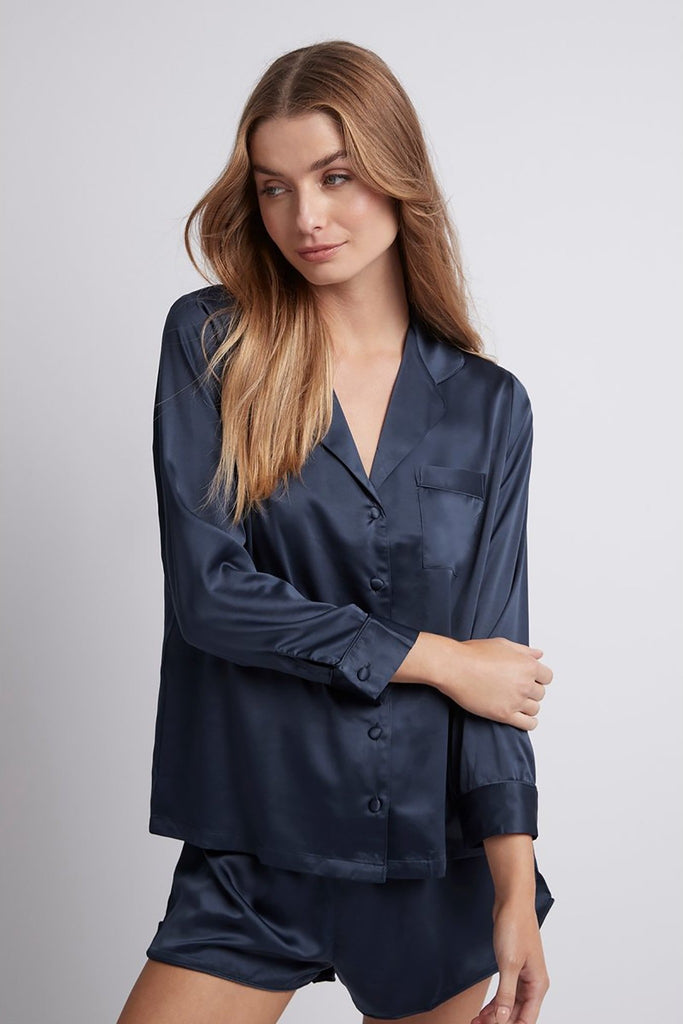 Toni Long Sleeve Satin Personalised Womens Pyjamas  Navy | Homebodii