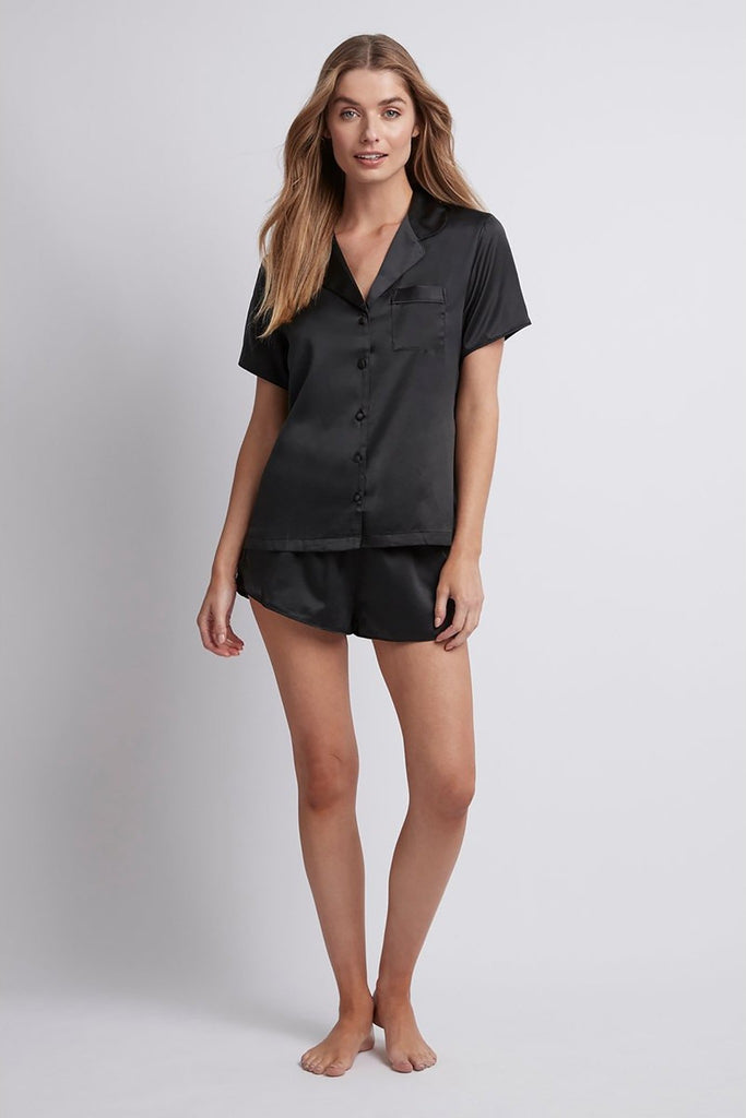 Toni Short Sleeve Personalised  Satin Womens Pyjamas Black | Homebodii