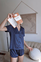 Toni Short Sleeve Personalised Satin Womens Pyjamas  Navy | Homebodii