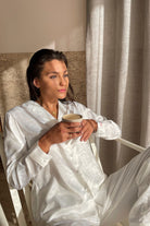 Toni Womens Personalised Satin Satin Pyjama Lounge Set  White | Homebodii