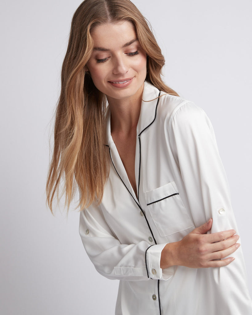 Sabrina Womens Personalised Satin Long Pyjama Set  White With Black Piping | Homebodii