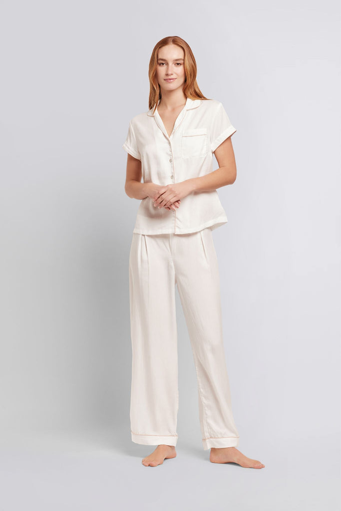 Eva Short Sleeve with Long Pant Tencel Womens Pyjama Set White with Blush Piping | Homebodii